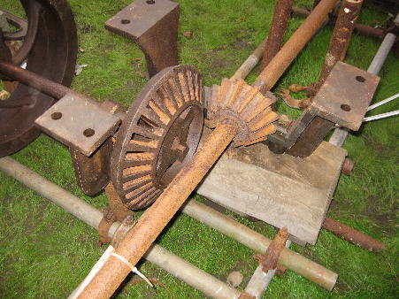 Part of sackhoist drive showing the iron frame which needs to be fitted with wooden teeth